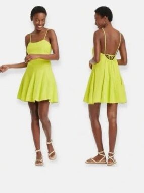 🔘a new day Lime Green Spaghetti Strap Flared Mini Dress
